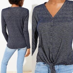 LOFT Navy Blue and White Striped Long Sleeve Button Down Blouse with Tie Waist